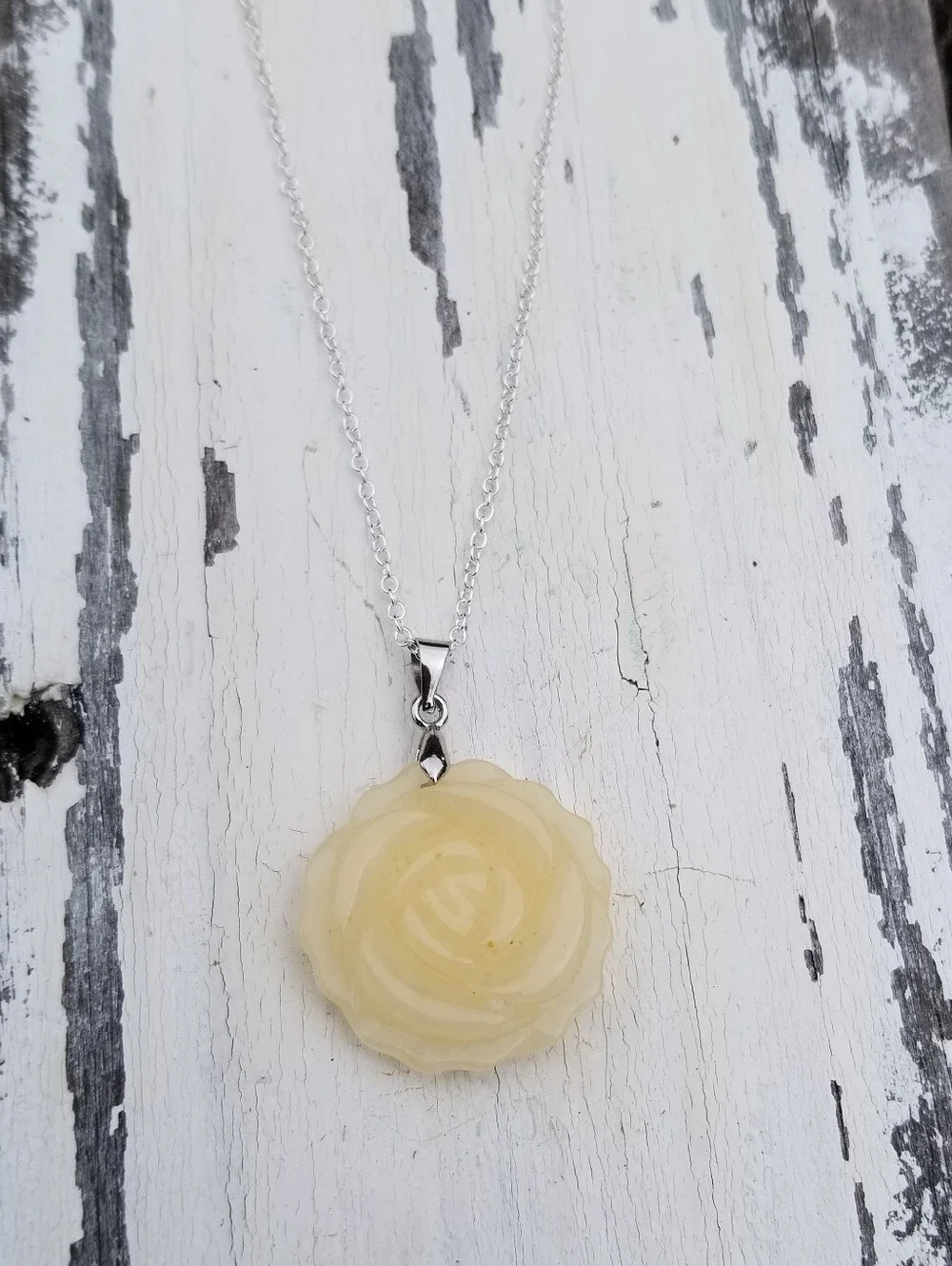 Sterling Silver Yellow Jade Rose Pendant Necklace, Yellow Jade Hand Carved Rose